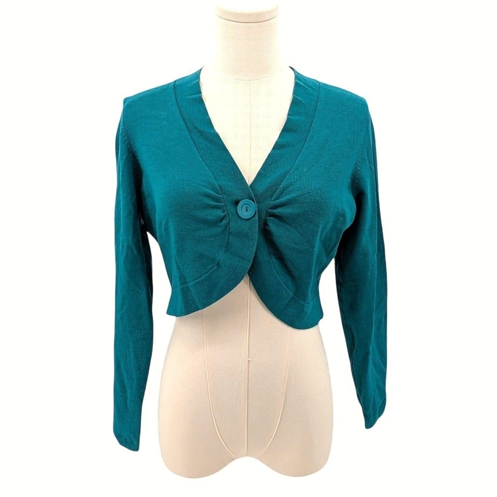 Cropped Silk Blend Bolero Cardigan Teal green Lightweight Shrug‎ Petite M